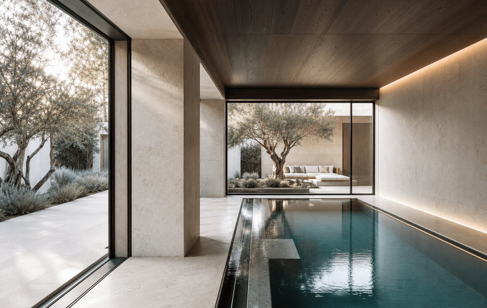 Indoor pool with natural stone and garden light